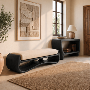 Sculptural Solid Wood Bench with Flowing Open Base for Living Space
