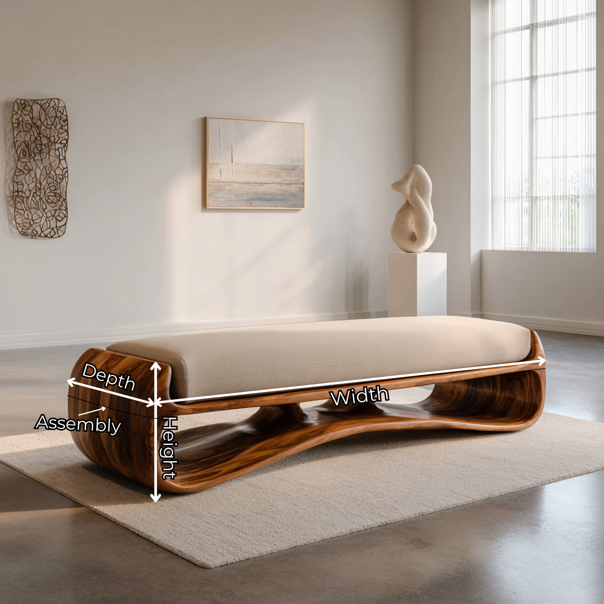 Sculptural Solid Wood Bench with Flowing Open Base for Living Space