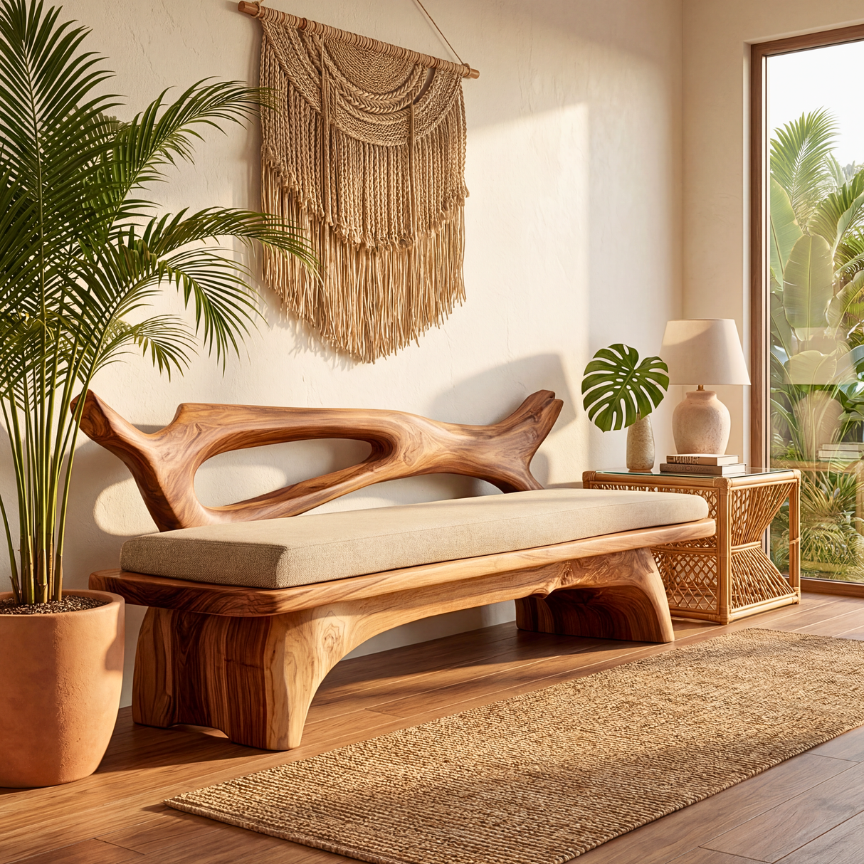 Sculptural Solid Wood Bench with Open Backrest for Entryway and Living Space