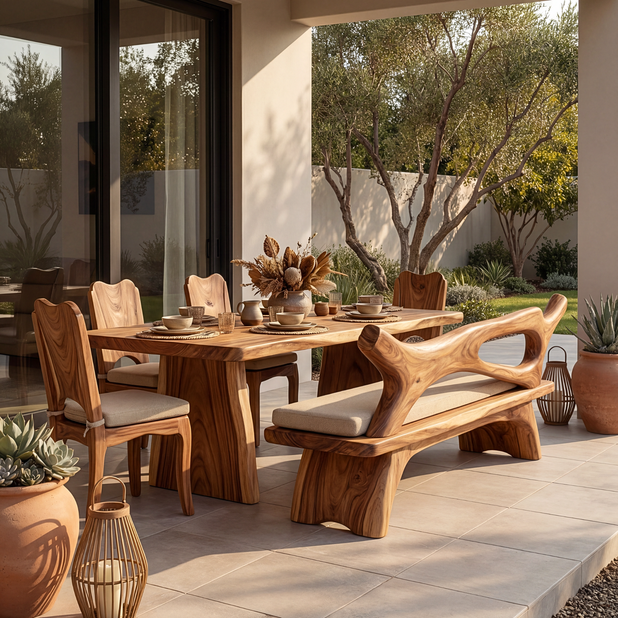 Sculptural Solid Wood Bench with Open Backrest for Entryway and Living Space