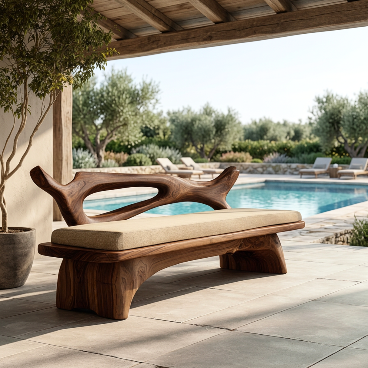 Sculptural Solid Wood Bench with Open Backrest for Entryway and Living Space