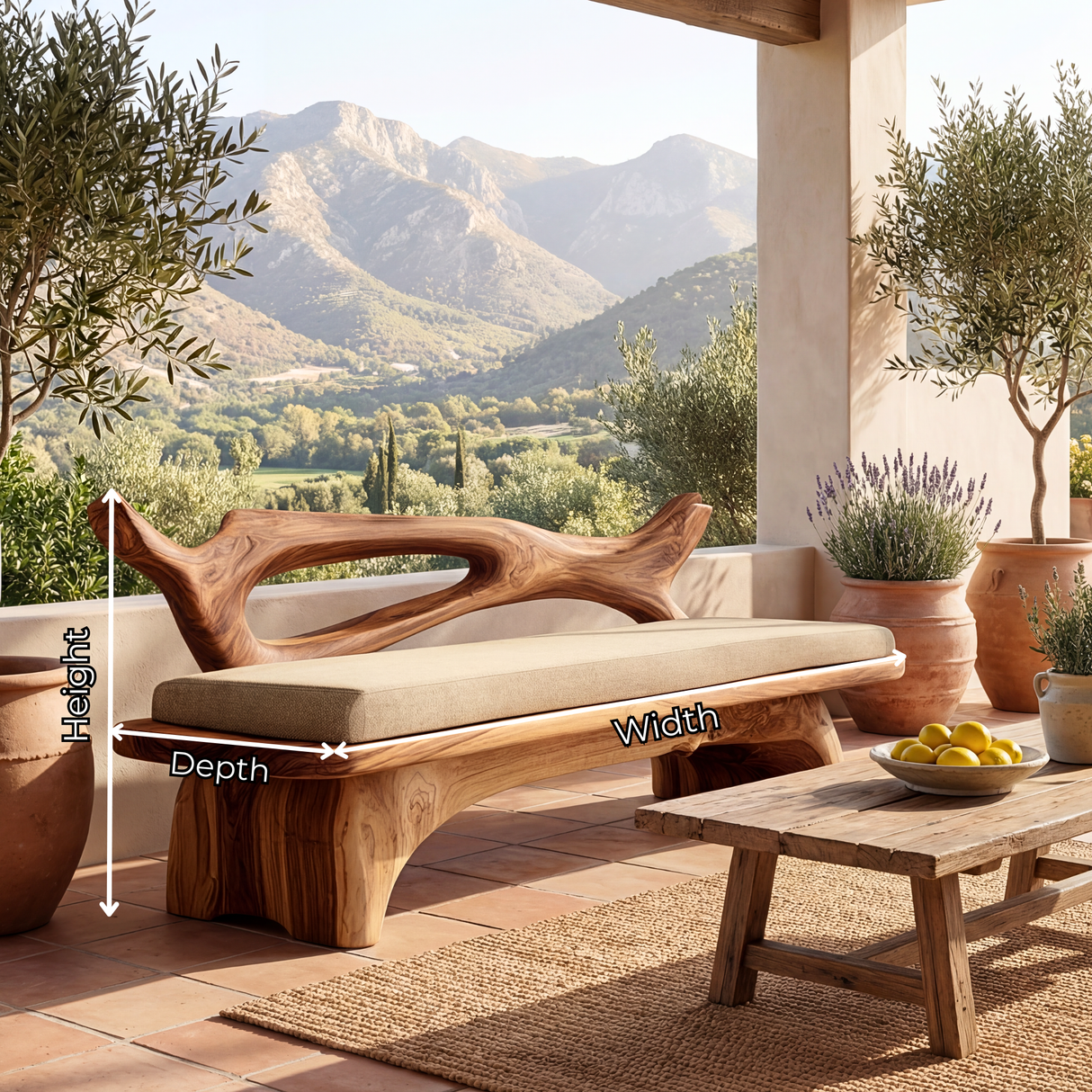 Sculptural Solid Wood Bench with Open Backrest for Entryway and Living Space