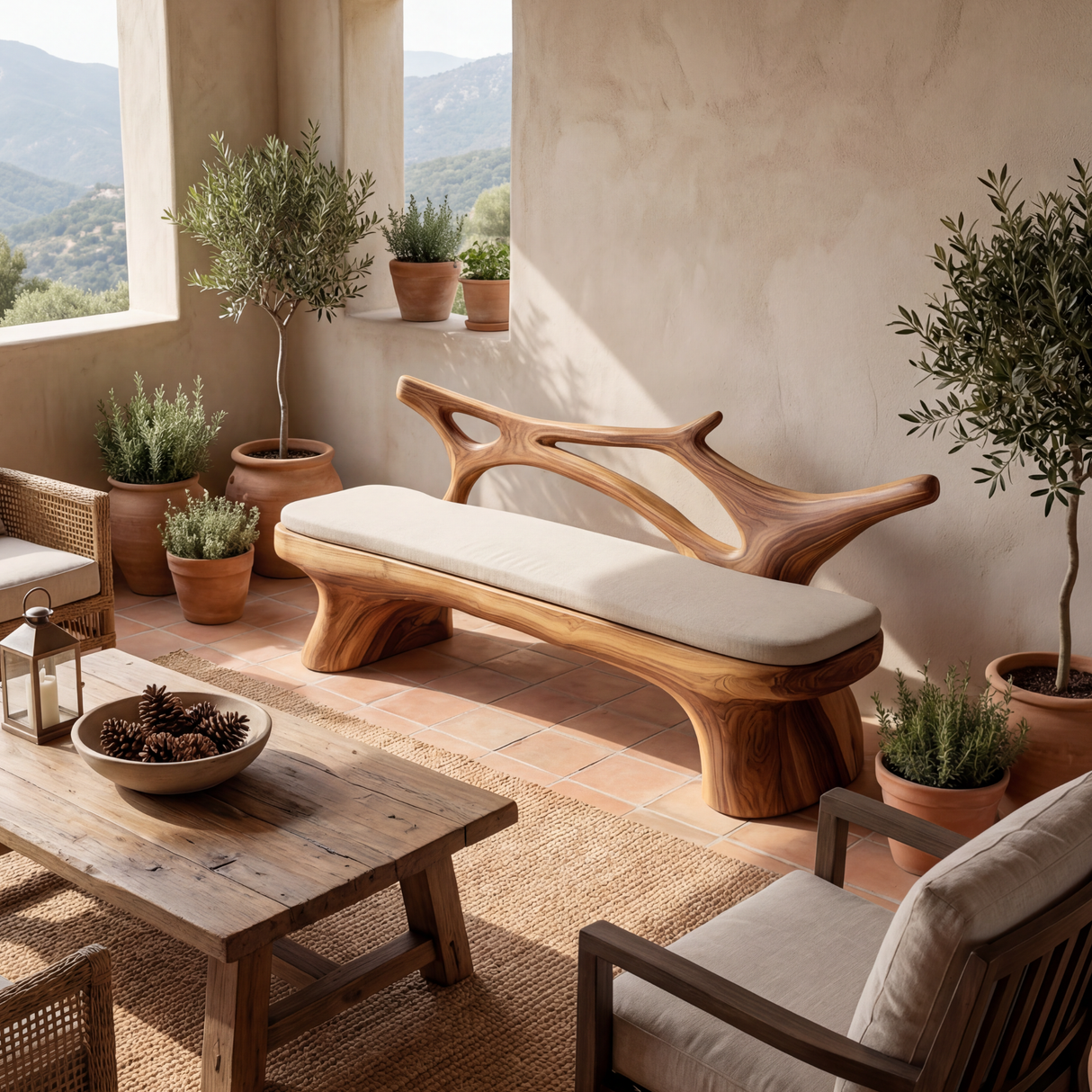 Sculptural Solid Wood Bench for Entryway and Living Space