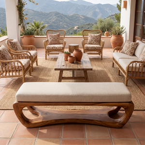 Organic Solid Wood Bench with Sculptural Open Base for Living Space
