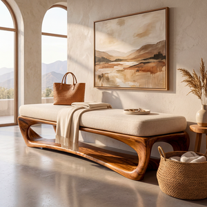 Organic Solid Wood Bench with Sculptural Open Base for Living Space