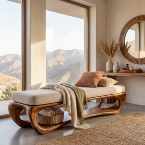 Organic Solid Wood Bench with Sculptural Open Base for Living Space