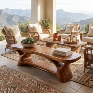 Organic Solid Wood Sculptural Bench with Open Base for Entryway and Living Space