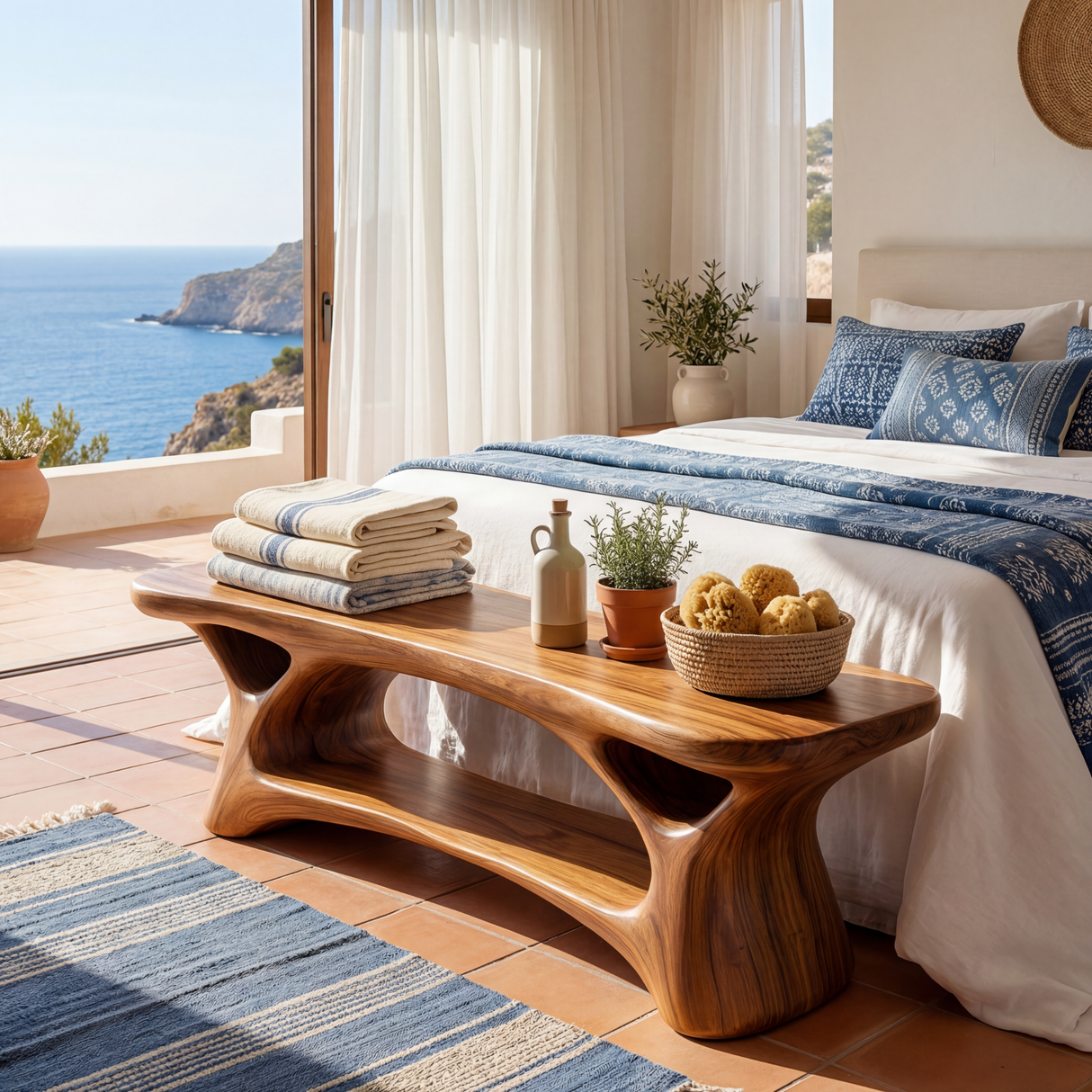 Organic Solid Wood Sculptural Bench with Open Base for Entryway and Living Space