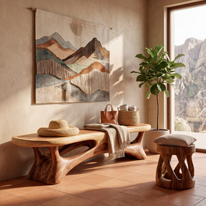 Organic Solid Wood Entryway Bench with Sculptural Open Base Design