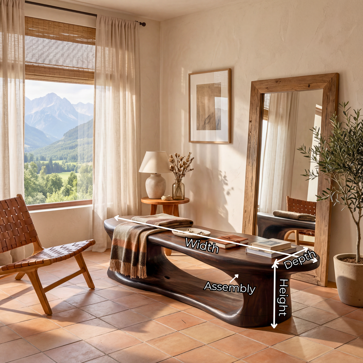 Sculptural Solid Wood Bench with Flowing Open Base for Entryway