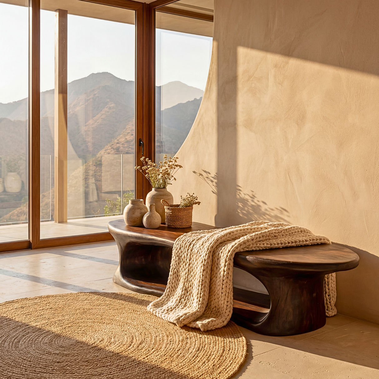 Sculptural Solid Wood Bench with Flowing Open Base for Entryway