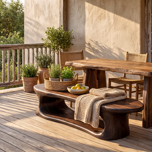 Sculptural Solid Wood Bench with Flowing Open Base for Entryway