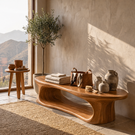 Sculptural Solid Wood Bench with Flowing Open Base for Entryway