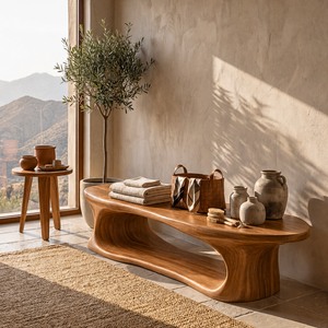 Sculptural Solid Wood Bench with Flowing Open Base for Entryway