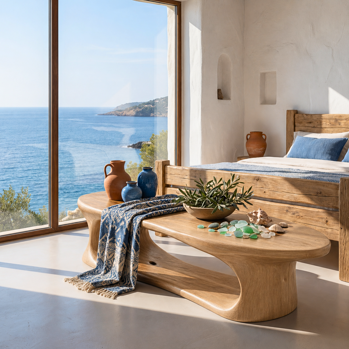 Sculptural Solid Wood Bench with Flowing Open Base for Entryway