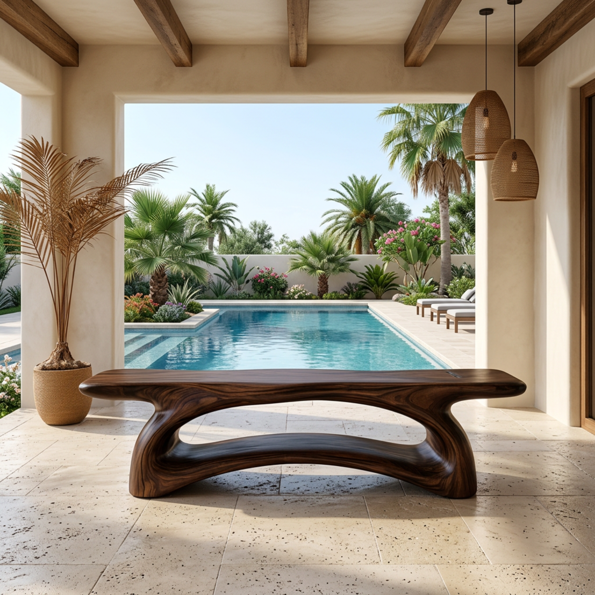 Natural Solid Wood Entryway Bench with Sculptural Open Base Design