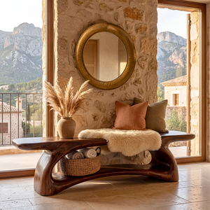 Natural Solid Wood Entryway Bench with Sculptural Open Base Design
