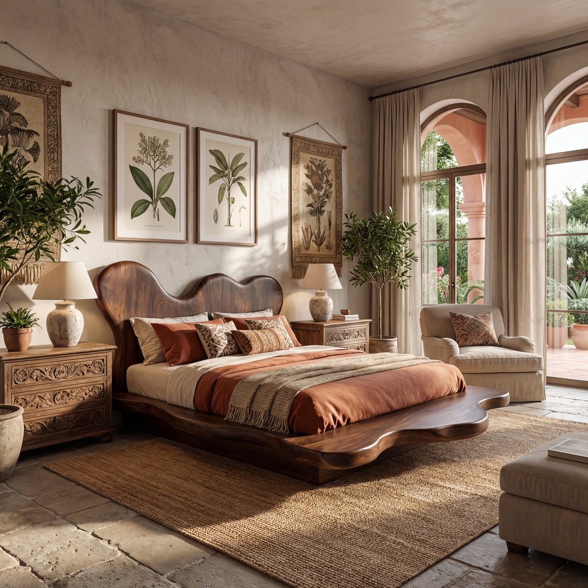 Solid Wood Platform Bed with Sculptural Wavy Headboard for Bedroom
