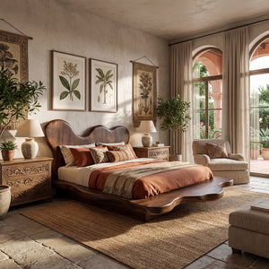 Solid Wood Platform Bed with Sculptural Wavy Headboard for Bedroom