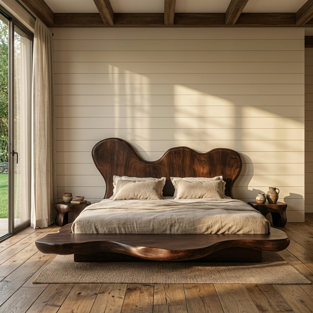 Solid Wood Platform Bed with Sculptural Wavy Headboard for Bedroom