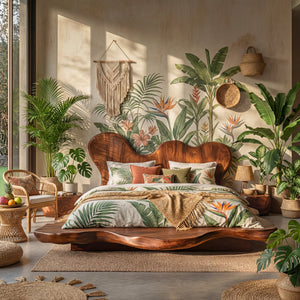 Solid Wood Platform Bed with Sculptural Wavy Headboard for Bedroom