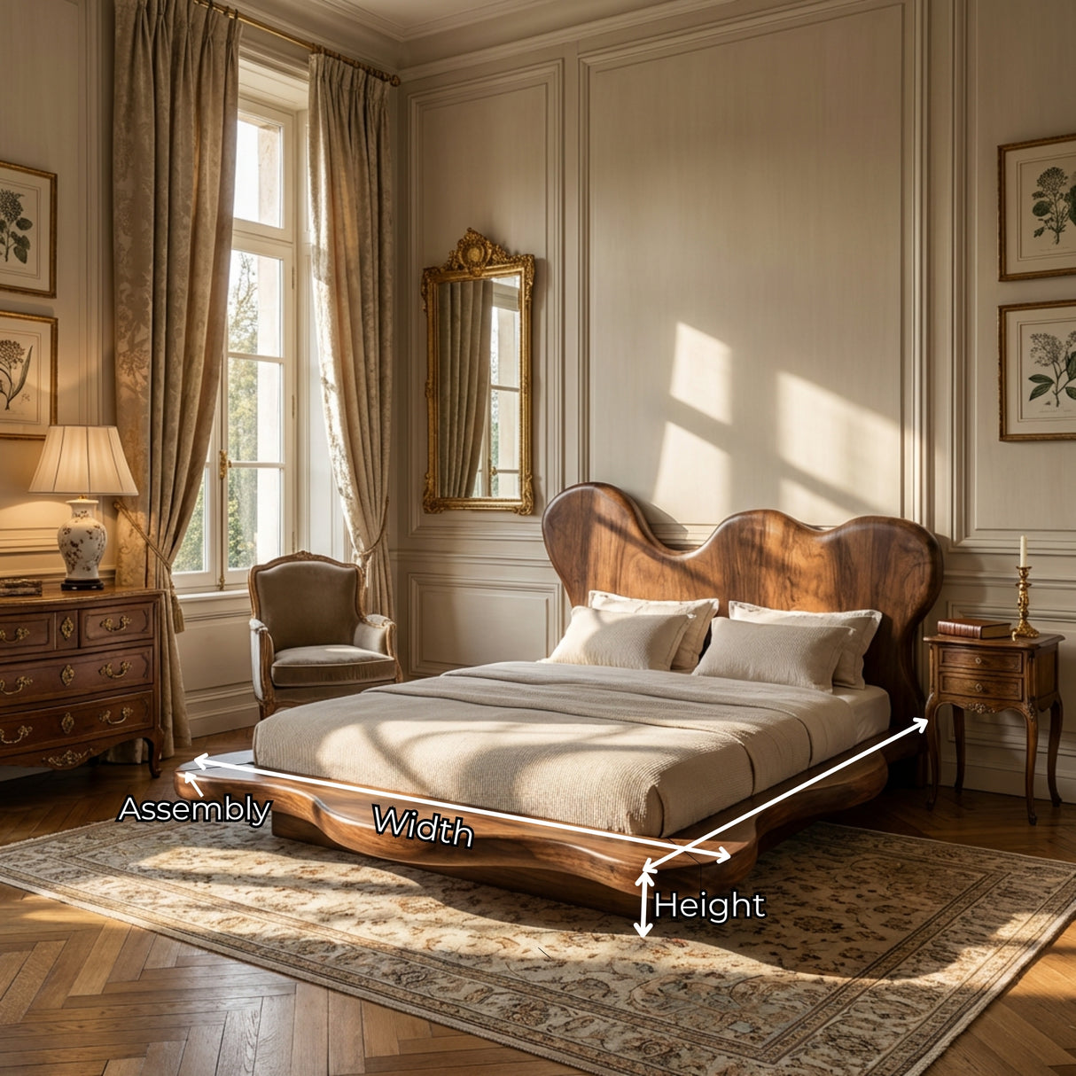Solid Wood Platform Bed with Sculptural Wavy Headboard for Bedroom