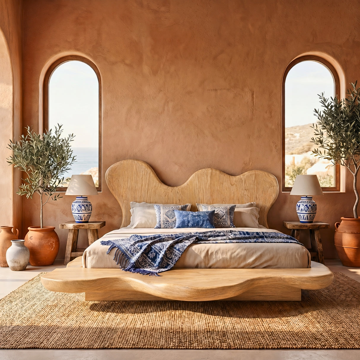 Solid Wood Platform Bed with Sculptural Wavy Headboard for Bedroom