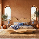 Solid Wood Platform Bed with Sculptural Wavy Headboard for Bedroom