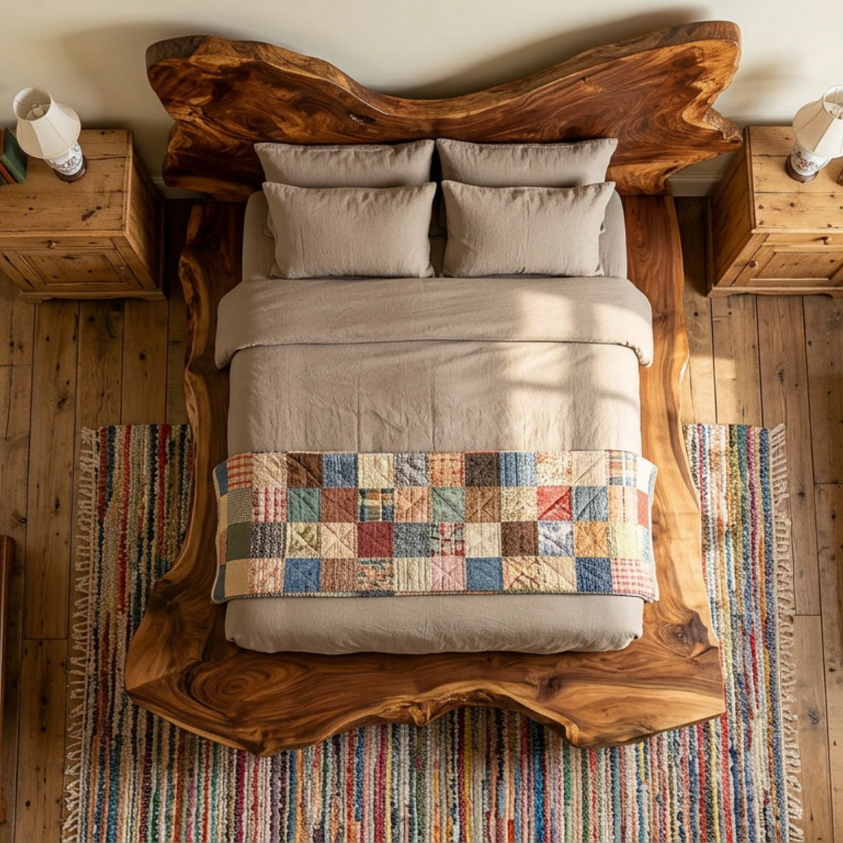 Organic Edge Solid Wood Bed with Sculpted Natural Headboard