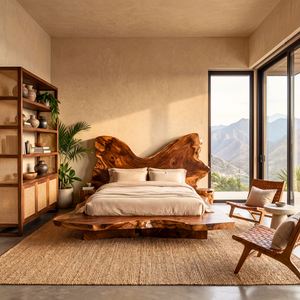 Organic Edge Solid Wood Bed with Sculpted Natural Headboard
