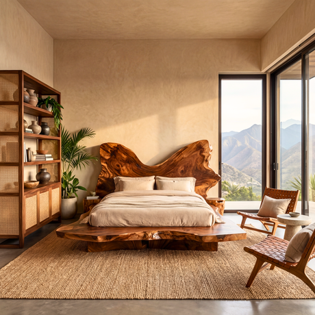 Organic Edge Solid Wood Bed with Sculpted Natural Headboard