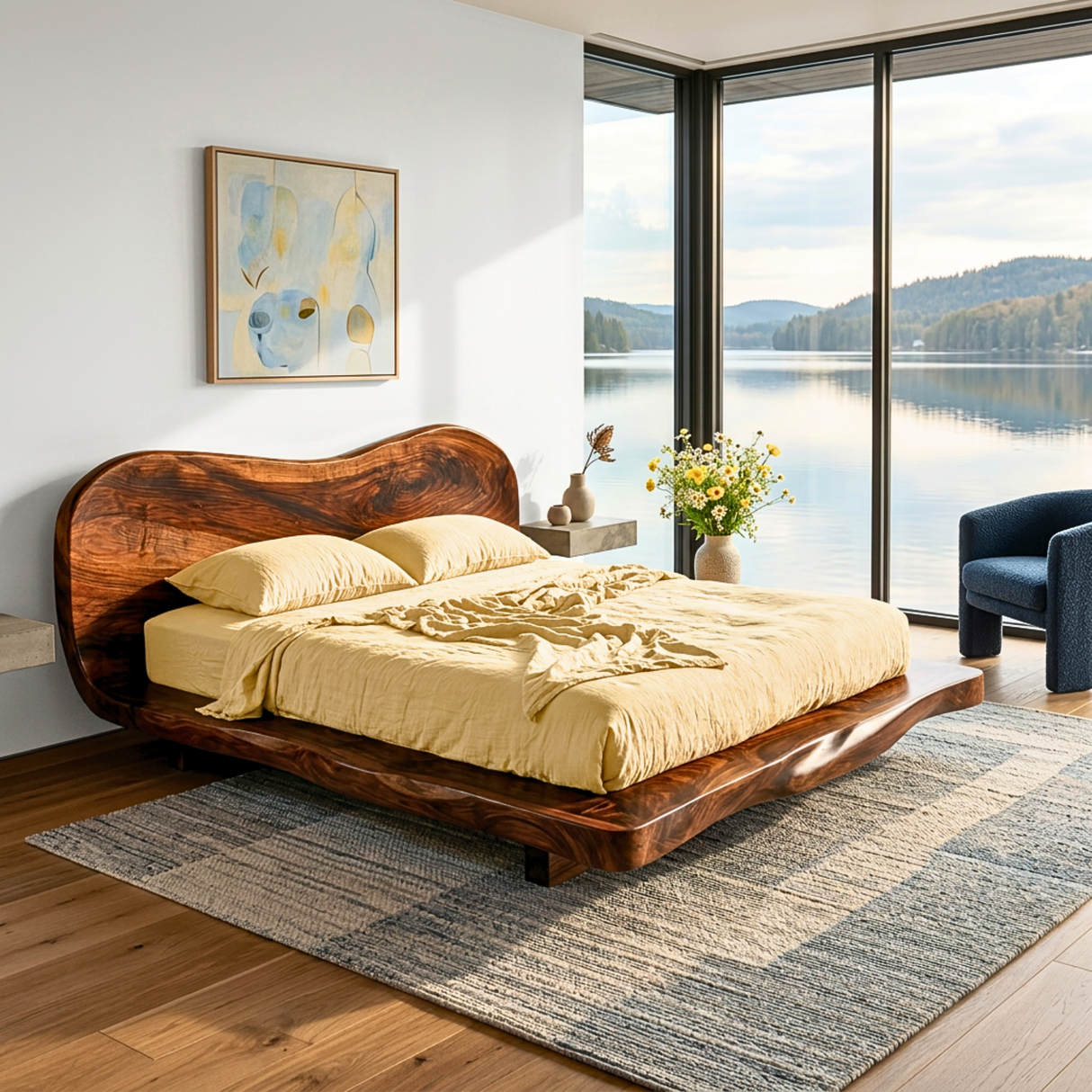 Handcrafted Solid Wood Bed with Curved Organic Headboard and Low Platform Base