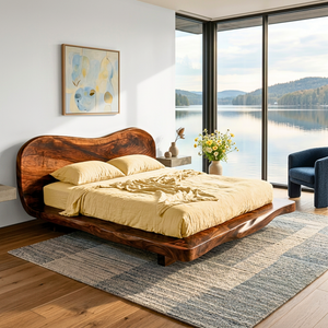 Handcrafted Solid Wood Bed with Curved Organic Headboard and Low Platform Base