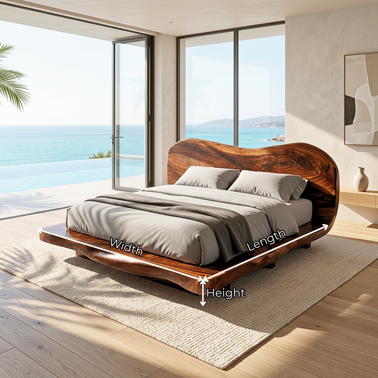 Handcrafted Solid Wood Bed with Curved Organic Headboard and Low Platform Base
