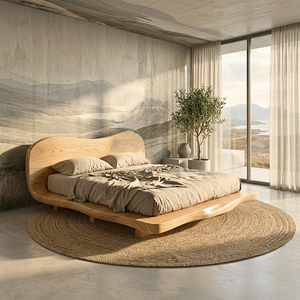 Handcrafted Solid Wood Bed with Curved Organic Headboard and Low Platform Base