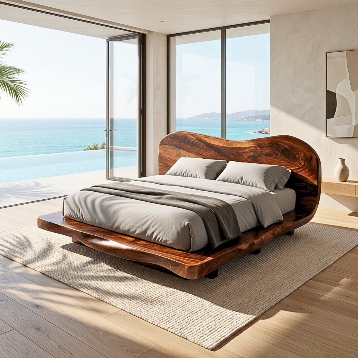 Handcrafted Solid Wood Bed with Curved Organic Headboard and Low Platform Base