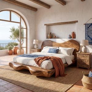 Organic Solid Wood Bed with Sculptural Curved Headboard and Platform Base