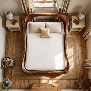 Handcrafted Solid Wood Bed with Live Edge Platform and Sculptural Headboard