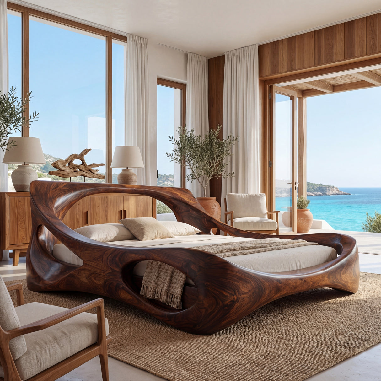Handcrafted Solid Wood Bed with Live Edge Platform and Sculptural Headboard