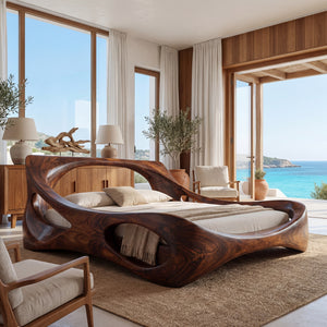 Handcrafted Solid Wood Bed with Live Edge Platform and Sculptural Headboard