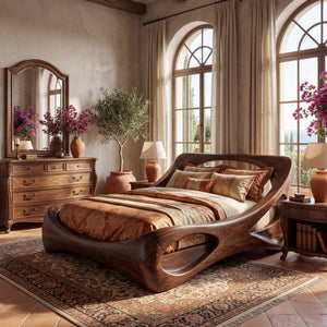 Handcrafted Solid Wood Bed with Live Edge Platform and Sculptural Headboard