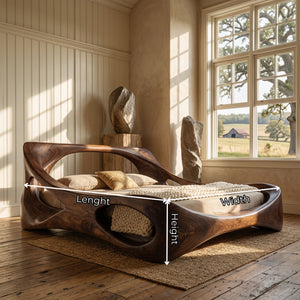 Handcrafted Solid Wood Bed with Live Edge Platform and Sculptural Headboard