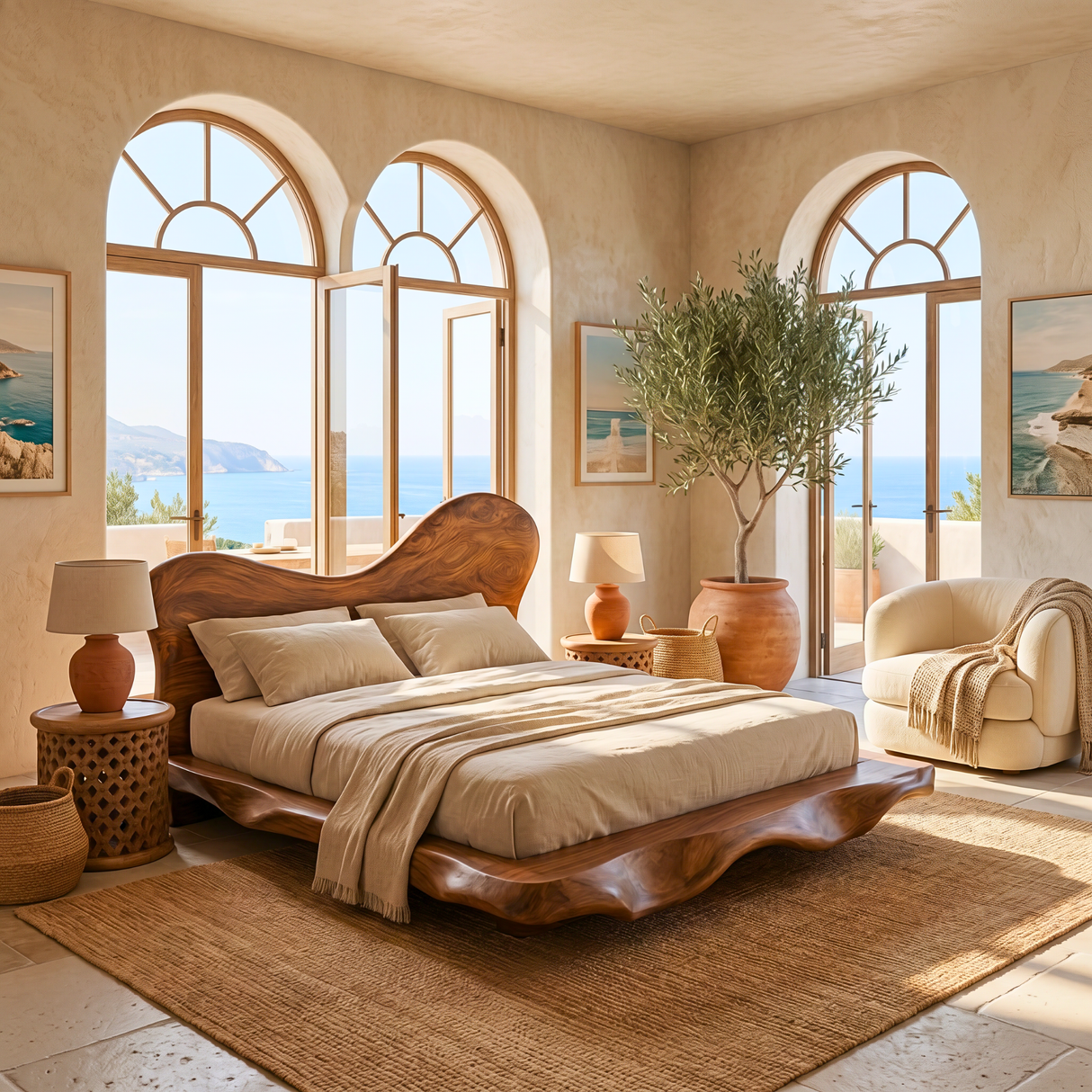 Organic Solid Wood Bed with Asymmetrical Curved Headboard for Bedroom