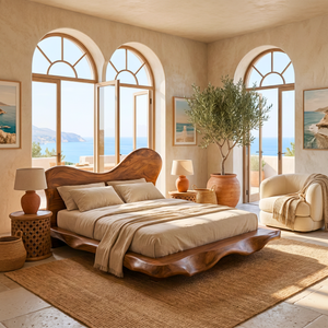 Organic Solid Wood Bed with Asymmetrical Curved Headboard for Bedroom
