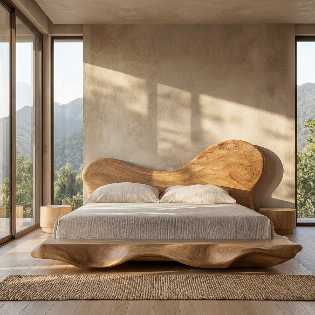 Organic Solid Wood Bed with Asymmetrical Curved Headboard for Bedroom