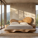Organic Solid Wood Bed with Asymmetrical Curved Headboard for Bedroom