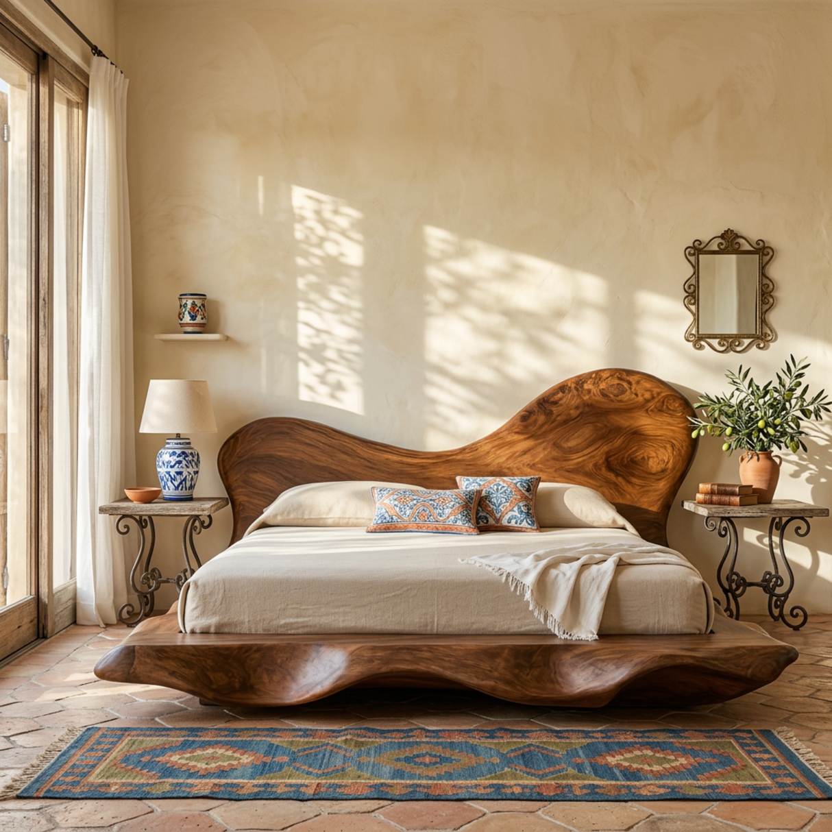 Organic Solid Wood Bed with Asymmetrical Curved Headboard for Bedroom