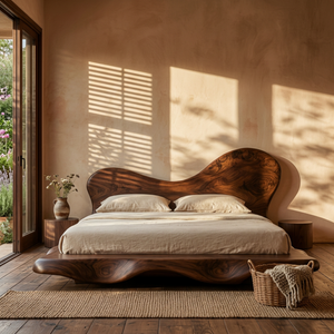 Organic Solid Wood Bed with Asymmetrical Curved Headboard for Bedroom