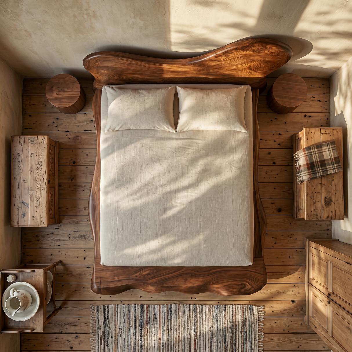 Organic Solid Wood Bed with Asymmetrical Curved Headboard for Bedroom