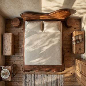 Organic Solid Wood Bed with Asymmetrical Curved Headboard for Bedroom